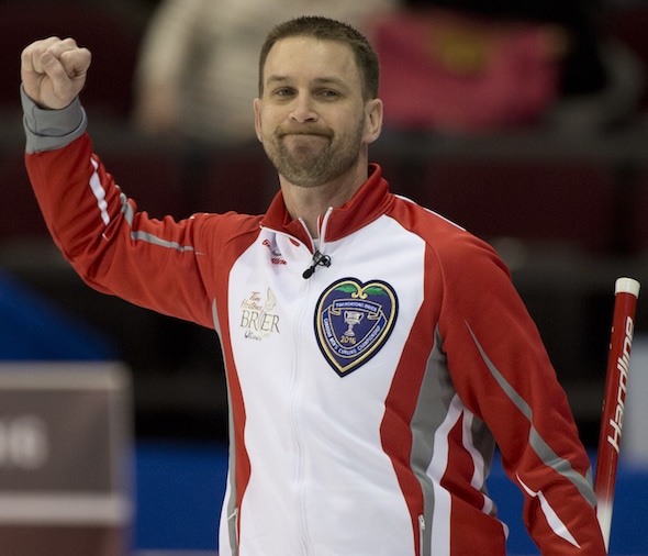 Ottawa Ont.Mar 5, 2016.Tim Hortons Brier.NL skip Brad Gushue reacts after defeating Manitoba's Mike McEwen in an extra end 5-4 in draw 1 of the Brier. michael burns photo