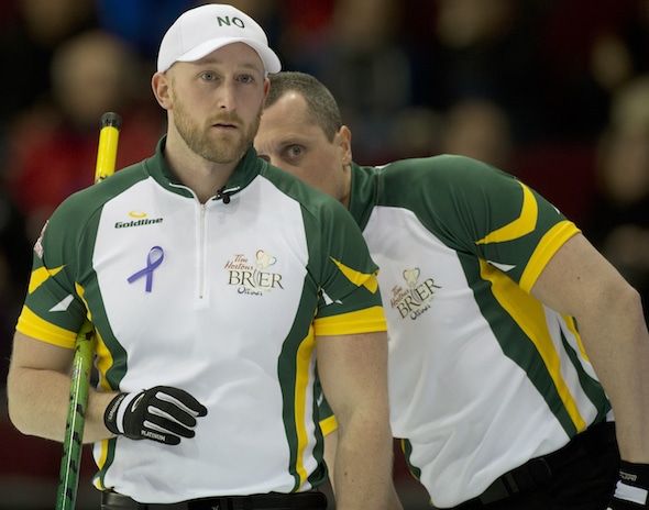 Ottawa Ont.Mar 5, 2016.Tim Hortons Brier. Northern.Ontario lead Ryan Harnden, second E.J.Harnden, Curling Canada/ michael burns photo