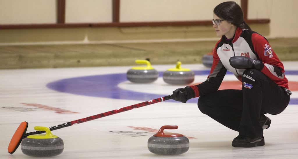 Team Canada skip Mary Fay holds the broom during action at the 2016 World Junior Curling Championships in Taarnby, Denmark (WCF/Richard Gray photo)