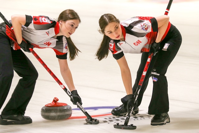 Team Canada lead Janique LeBlanc and second Karlee Burgess look up for sweeping instructions during the first day of action at the 2016 World Junior Curling Championships (WCF/Richard Gray photo)