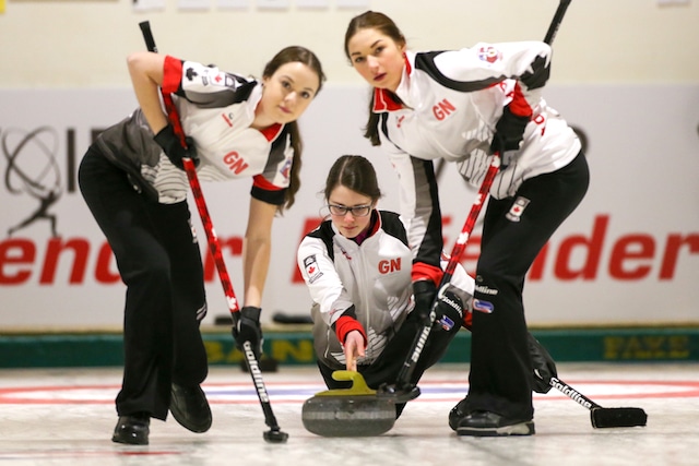 Team Canada’s Mary Fay, Karlee Burgess (left) and Janique LeBlanc (right) in action during their 10-4 win over Russia on Monday afternoon in Taarnby, Denmark (WCF/Richard Gray photo)