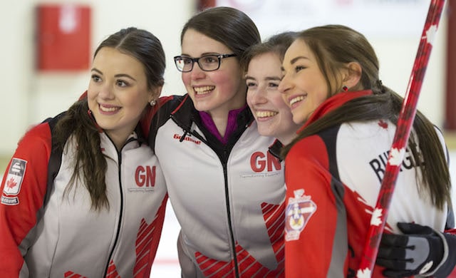 Gold-medal smiles from Team Canada’s Janique LeBlanc (lead), Mary Fay (skip), Kristin Clarke (third) and Karlee Burgess (second) after defeating USA in the final of the 2016 World Junior Curling Championships in Taarnby, Denmark (WCF/Marissa Tiel photo)