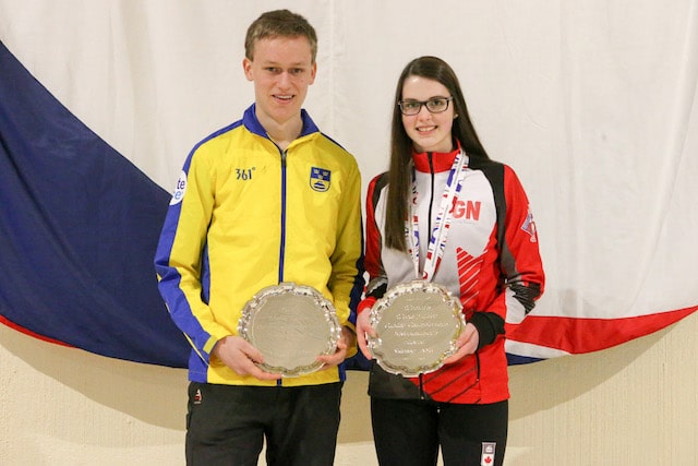 Fredrik Nyman and Mary Fay, recipients of the WJCC 2016 Sportsmanship Awards at the 2016 World Curling Championships in Taarnby, Denmark (WCF/Richard Gray photo)
