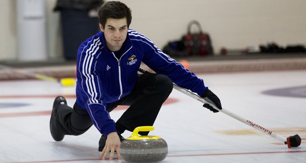 Wilfrid Laurier Golden Hawks skip Aaron Squires (photo by Ken Reid, GreyStoke Photography)