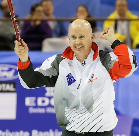 Canadian skip Kevin Koe celebrates winning the world championship. (Photo, World Curling Federation/Richard Gray)