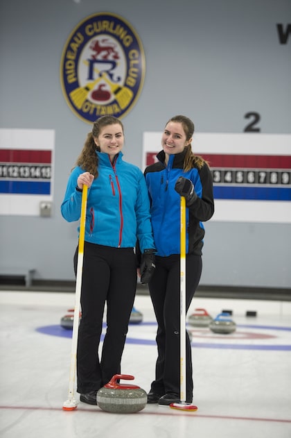 (left to right) Calissa and Camille Daly on the ice at the Rideau Curling Club in Ottawa (Photo by Kevin Daly)