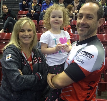 It was a happy family after Tuesday morning's win. From left, Jennifer Jones, Isabella and Brent Laing.