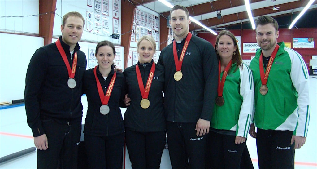(From left to right) 2016 Canadian Mixed Doubles medallists:Silver medallists Geoff Walker and Laura Crocker; gold medallists Jocelyn Peterman and Brett Gallant; bronze medallists Marliese Kasner and Dustin Kalthoff (Curling Canada/Darlene Danyliw photo)