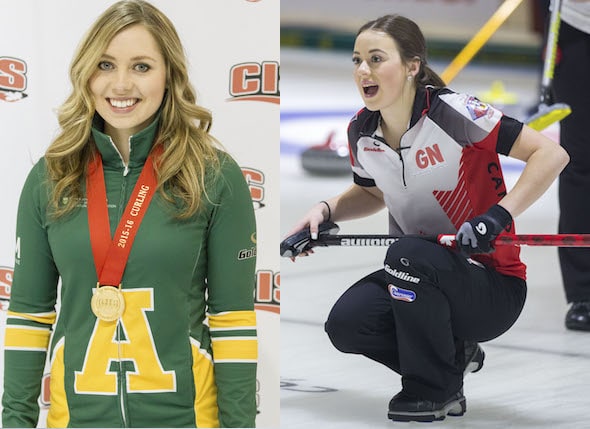 2015 For The Love of Curling Scholarship winners Kristen Streifel, left, and Janique LeBlanc had memorable seasons. (Photos, left, courtesy Ken Reid, GreyStoke Photography; right, World Curling Federation/Marissa Tiel)