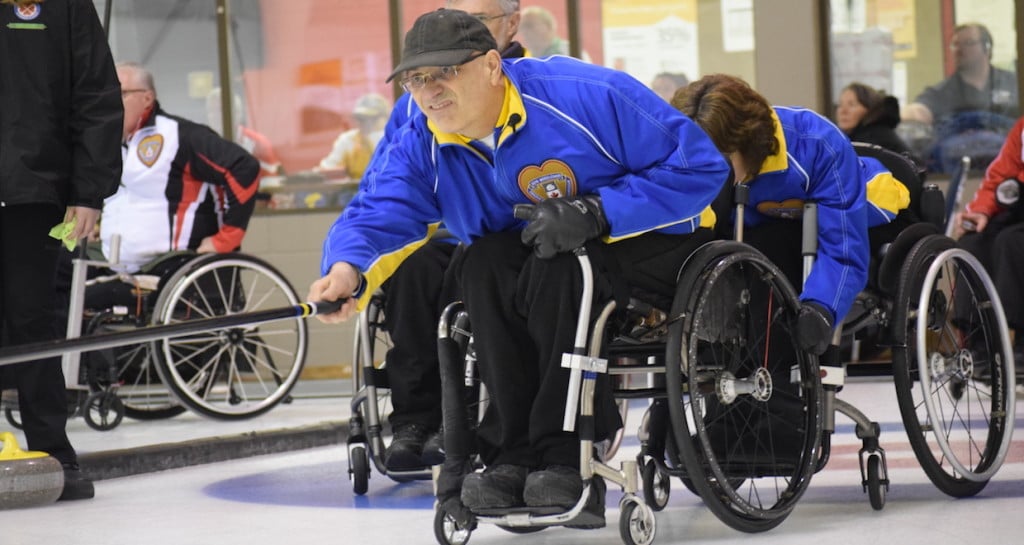 Alberta skip Jack Smart in action at the 2016 Canadian Wheelchair Curling Championship at the Callie Club in Regina (Curling Canada/Morgan Daw photo)