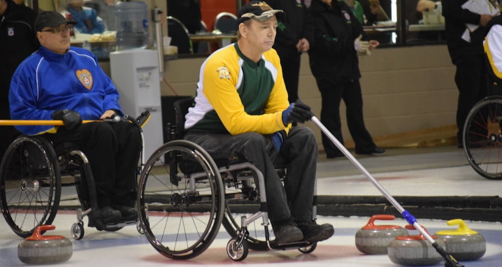 Northern Ontario skip Doug Dean calls the shot during play at the Callie Club in Regina during the 2016 Canadian Wheelchair Curling Championship (Curling Canada/Morgan Daw photo)