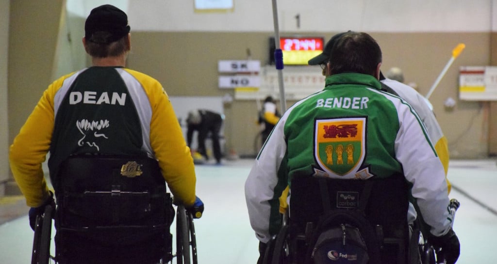 Skips Doug Dean (Northern Ontario) and Darwin Bender (Saskatchewan) in the house as the Page 1 vs 2 playoff game gets underway at the 2016 Canadian Wheelchair Championship in Regina (Curling Canada/Morgan Daw photo)