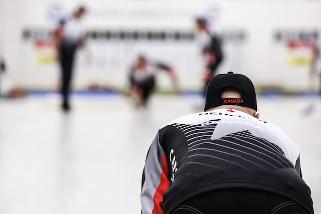 Skip Randy Neufeld looks down the ice as his team delivers the next shot at the 2016 World Seniors Curling Championships in Karlstad, Sweden (WCF/Céline Stucki photo)