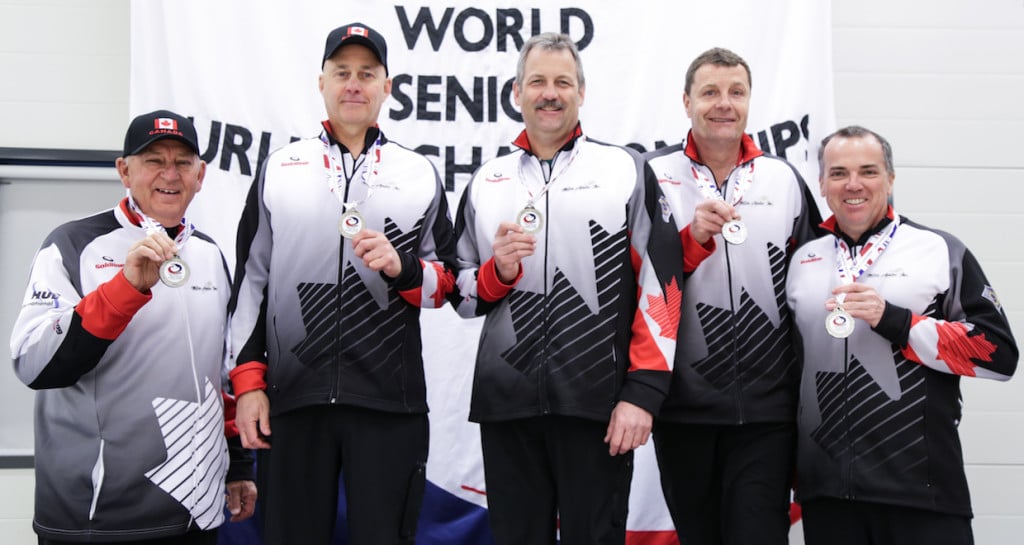 (From left to right) Coach Bill Tschirhart, skip Randy Neufeld, third Dean Moxham, second/vice Peter Nicholls, lead Dale Michie: Silver medallists at the 2016 World Senior Men's Curling Championship in Karlstad, Sweden (WCF/Céline Stucki)