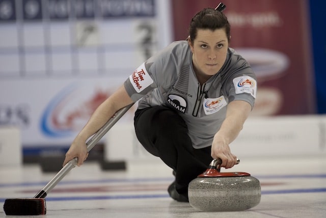 Dana Ferguson, second on Team Sweeting, in action at the 2013 Tim Hortons Roar of the Rings in Winnipeg, Man. (Curling Canada/Michael Burns photo)