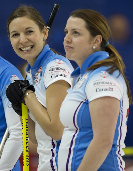 Rachelle Brown and Dana Ferguson at the 2015 Home Hardware Canada Cup in Grande Prairie, Alta. (Curling Canada/Michael Burns photo)