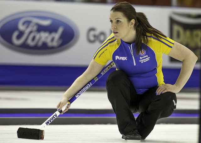 Dana Ferguson delivers her rock at the 2015 Scotties Tournament of Hearts in Moose Jaw, Sask. (Curling Canada/Andrew Klaver photo)