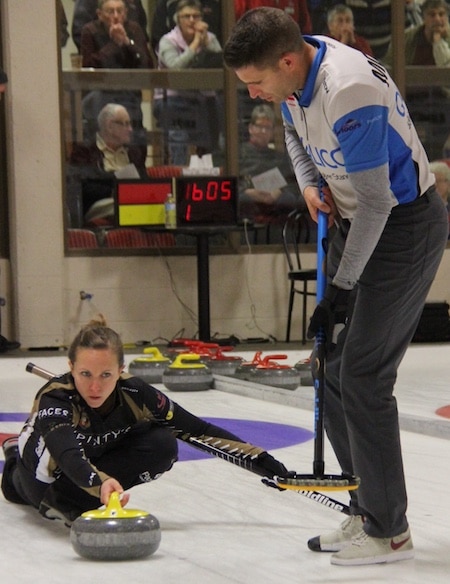 Rachel Homan delivers rock to her partner John Morris during the Wall Grain Mixed Doubles Classic in Kimberley, B.C. (Photo, Glenn Hauptman)