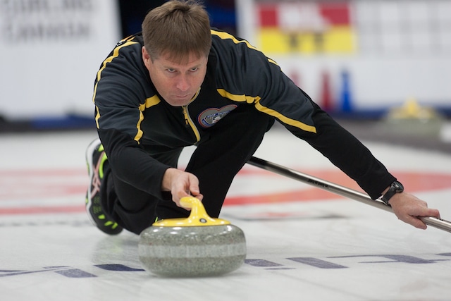 New Brunswick skip Charlie Sullivan delivers his rock during action at the 2017 Canadian Mixed Curling Championship in Yarmouth, N.S. (Curling Canada/Robert Wilson photo)