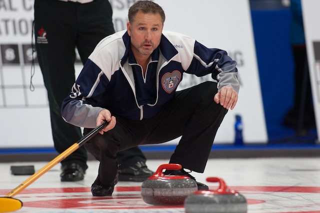 Nova Scotia skip Paul Flemming calls the line during action at the 2017 Canadian Mixed Curling Championship in Yarmouth, N.S. (Curling Canada/Robert Wilson photo)