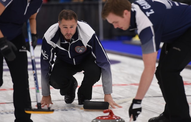Nova Scotia skip Paul Flemming keeps a close eye on his rock during action at the 2017 Canadian Mixed Curling Championship in Yarmouth, N.S. (Curling Canada photo)