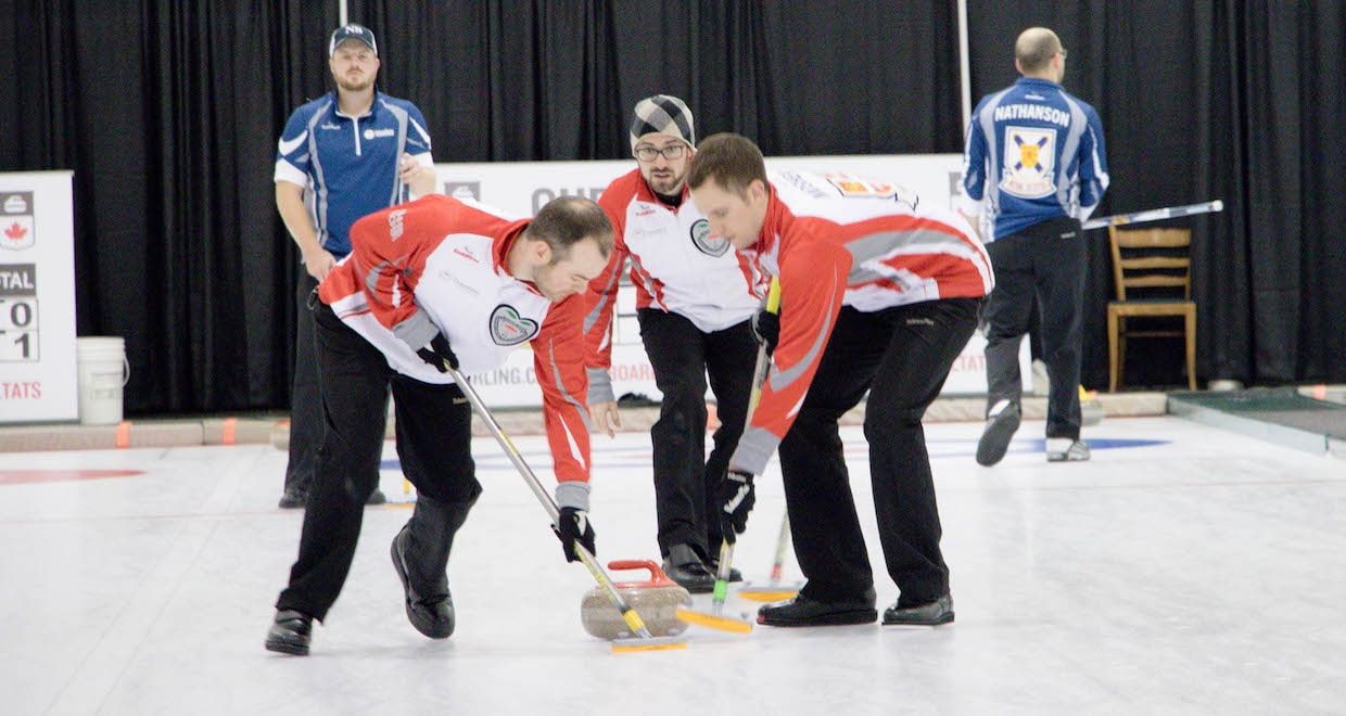 Newfoundland and Labrador skip Trent Skanes calls to sweepers Jeff Rose and Mike Mosher during action at the 2016 Travelers Curling Club Championship in Kelowna, B.C. (Curling Canada/Jessica Krebs photo)