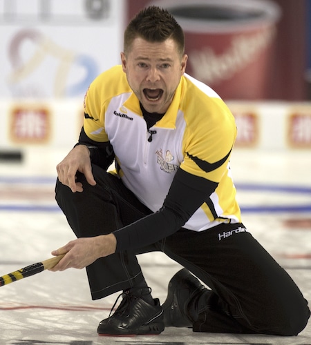 Ottawa Ont.Mar 7, 2016.Tim Hortons Brier.Manitoba skip Mike McEwen shouts to his front end during his draw 7 evening draw against Alberta. michael burns photo