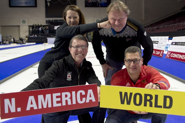 Team North America captain Debbie McCormick, top left, is pulling no punches! She's ready for the 2017 World Financial Group Continental Cup along with (clockwise from top right) Team World Coach Pål Trulsen, Team World Captain Andy Kapp and Team North America Coach Rick Lang. (Photo, Curling Canada/Michael Burns)