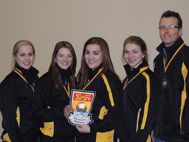 Team New Brunswick: skip Jessica Daigle, third Cathlia Ward, second Natalie Menzies, lead Katie Forward, coach Mark Ward (Photo courtesy C. Ward)