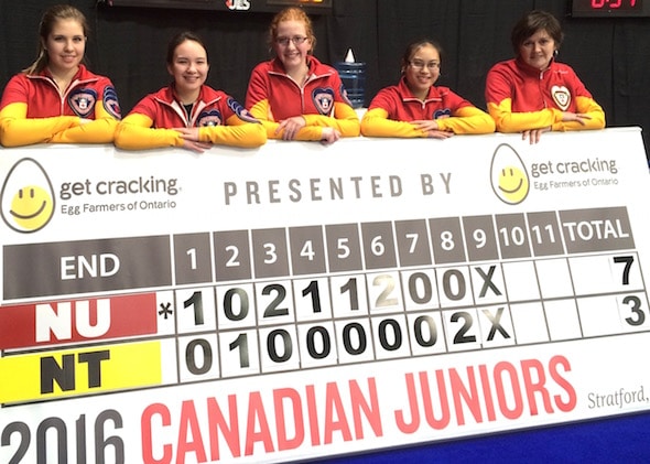 Team Nunavut and the historic scoreboard. From left, Sadie Pinksen, Christianne West, Kaitlin MacDonald, Melicia Elizaga and coach Donalda Mattie. (Photo, Curling Canada)