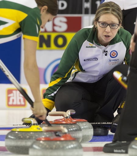Northern Ontario skip Krista McCarville assesses the situation. (Photo, Curling Canada/Andrew Klaver)
