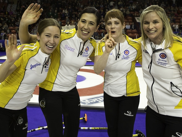 Jennifer Jones, far right, and her team of, from left, Kaitlyn Lawes, Jill Officer and Dawn McEwen are looking for back-to-back titles at the 2016 Scotties Tournament of Hearts. (Photo, Curling Canada/Andrew Klaver)