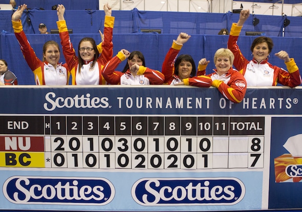 Team Nunavut, after its first win at the Scotties, from left, alternate Sadie Pinksen, lead Jenine Bodner, second Robin Mackey, third Denise Hutchings, skip Geneva Chislett and coach Donalda Mattie. (Photo, Curling Canada/Andrew Klaver)