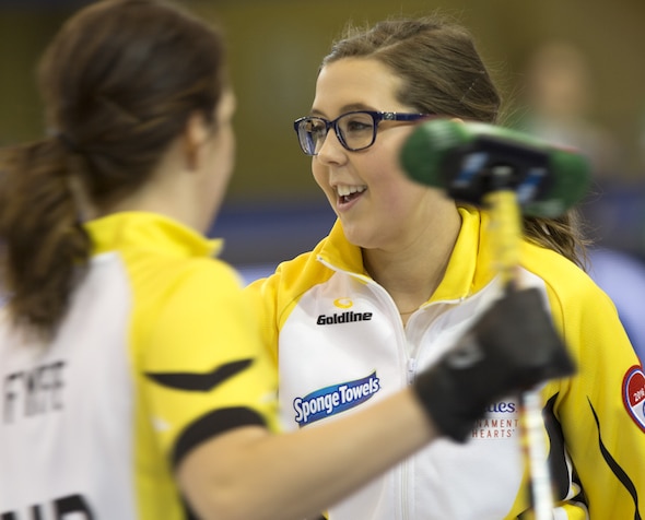 Manitoba skip Selena Kaatz in Hoshots action at the 2016 Scotties Tournament of Hearts, the Canadian Womens Curling Championships, Grande Praire, Alberta