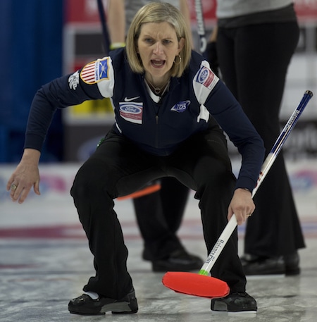 Erika Brown of the U.S. calls instructions to sweepers during Tuesday's win over the U.S. (Photo, Curling Canada/Michael Burns)