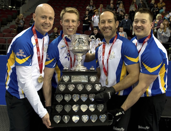 Ottawa Ont.Mar 13, 2016.Tim Hortons Brier.Alberta skip Kevin Koe, third Marc Kennedy, second Brent Laing, lead Ben Hebert, Curling Canada/ michael burns photo