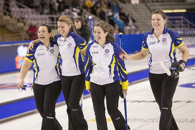 Team BC, Skip: Karla Thompson Third: Kristen Recksiedler Second: Tracey Lavery Lead: Trysta Vandale in a big win at the 2016 Scotties Tournament of Hearts, the Canadian Womens Curling Championships, Grande Praire, Alberta