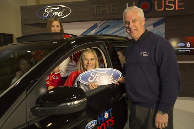 Jennifer Jones celebrates winning a Ford in the 2016 Ford Hot Shots competition at the 2016 Scotties Tournament of Hearts in Grande Prairie, AB (Curling Canada/Andrew Klaver photo)