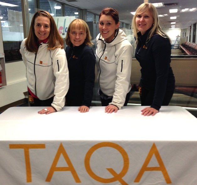 Heather Nedohin, Amy Nixon, Jessica Mair and Laine Peters, ready to hit the ice at Pros in the Park Curling Camp (Photo courtesy H. Nedohin)