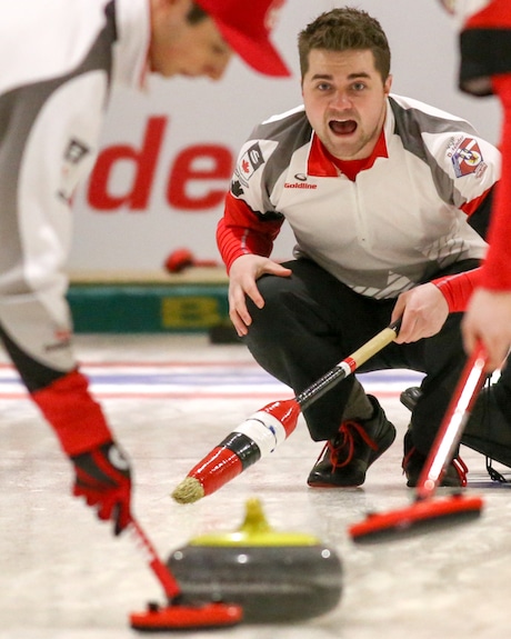 Matt Dunstone, skip of Team Canada, calls the line during Day 1 action of the 2016 World Junior Curling Championships at theTaarnby Curling Club in Taarnby, Denmark (WCF/Richard Gray photo)