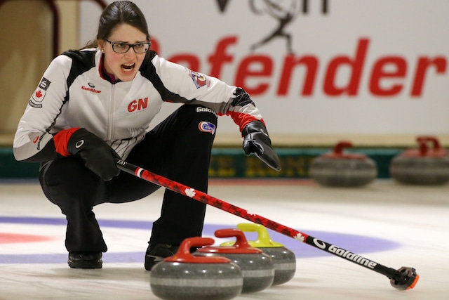 Skip Mary Fay calls to her sweepers in a win over Turkey at the 2016 World Junior Curling Championships (WCF/Richard Gray photo)