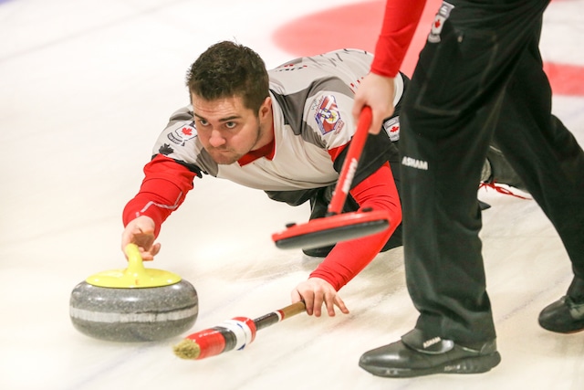 Team Canada skip Matt Dunstone delivers his rock during Day 4 action at the 2016 World Junior Curling Championships in Taarnby, Denmark (WCF/Richard Gray)