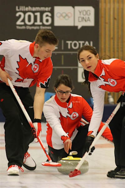 Team Canada skip Mary Fay delivers her rock at the 2016 Youth Olympic Games in Lillehammer, Norway (WCF/Richard Gray photo)