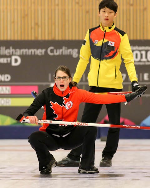 Team Canada skip Mary Fay calls from the house during action against Republic of Korea on Day 4 of the Youth Olympic Games in Lillehammer, Norway (WCF/Richard Gray photo)