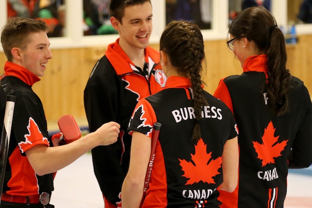 Team Canada’s Sterling Middleton, Karlee Burgess, Tyler Tardi and Mary Fay celebrate their semifinal win over Switzerland at the 2016 Youth Olympic Games in Lillehammer, Norway (WCF/Richard Gray photo)
