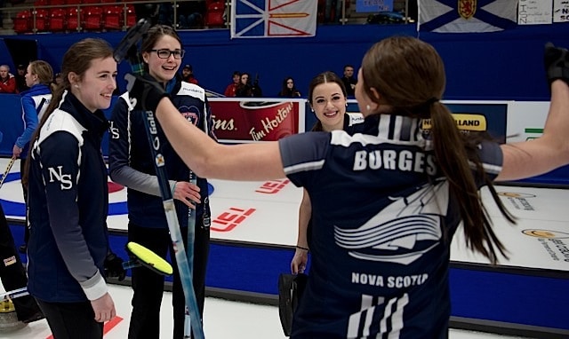 Team Nova Scotia (l-r): Kristin Clarke, Mary Fay, Janique LeBlanc and Karlee Burgess celebrate their gold-medal victory at the 2016 Canadian Junior Curling Championships in Stratford, Ont. (Curling Canada/Michael Burns photo)