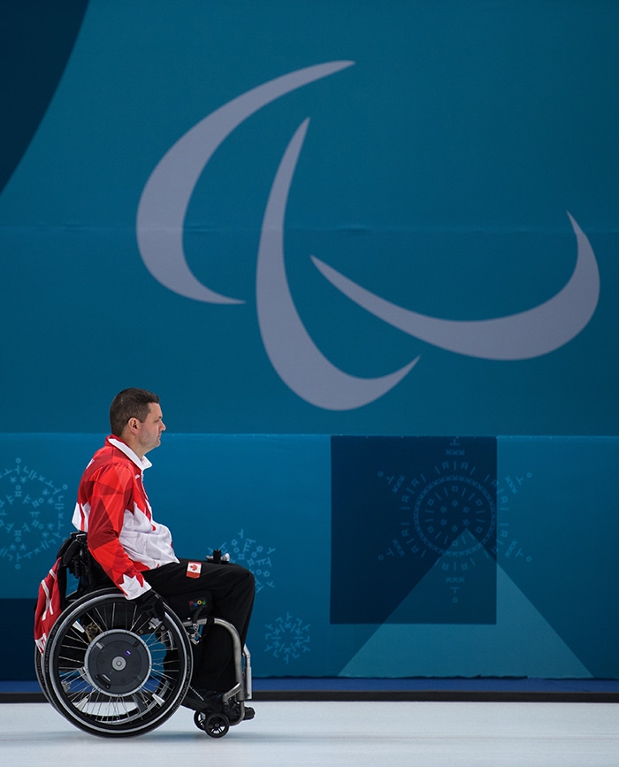 Mark Ideson CAN during the Wheelchair Curling Mixed Round Robin Session at the Gangneung Curling Centre. The Paralympic Winter Games, PyeongChang, South Korea, Saturday 10th March 2018. Photo: Joel Marklund for OIS/IOC. Handout image supplied by OIS/IOC